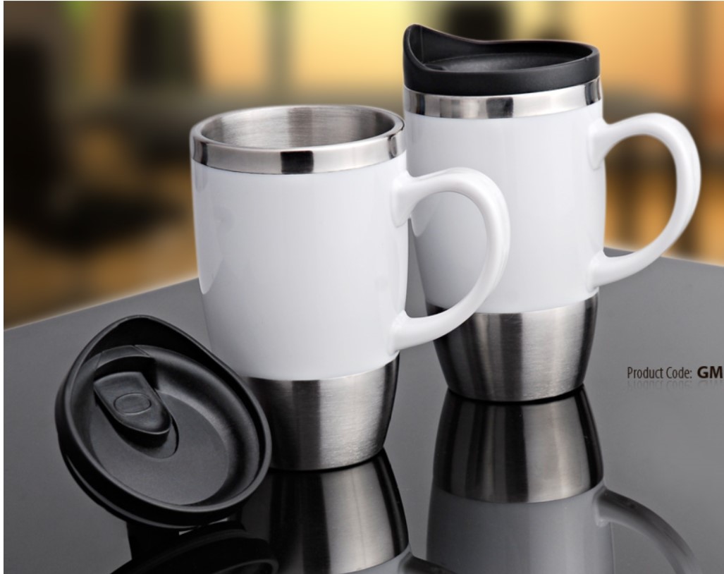 travel mug white and black color